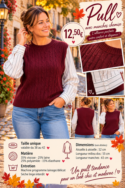 170 🌸 PULL EFFET TORSADÉ AVEC MANCHES CHEMISE 🌸Coloris BORDEAU