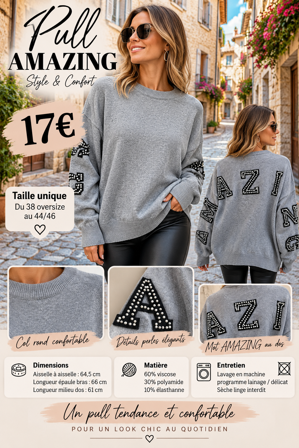 237🌸 Pull / Sweat AMAZING – Douceur et originalité 🌸Coloris GRIS