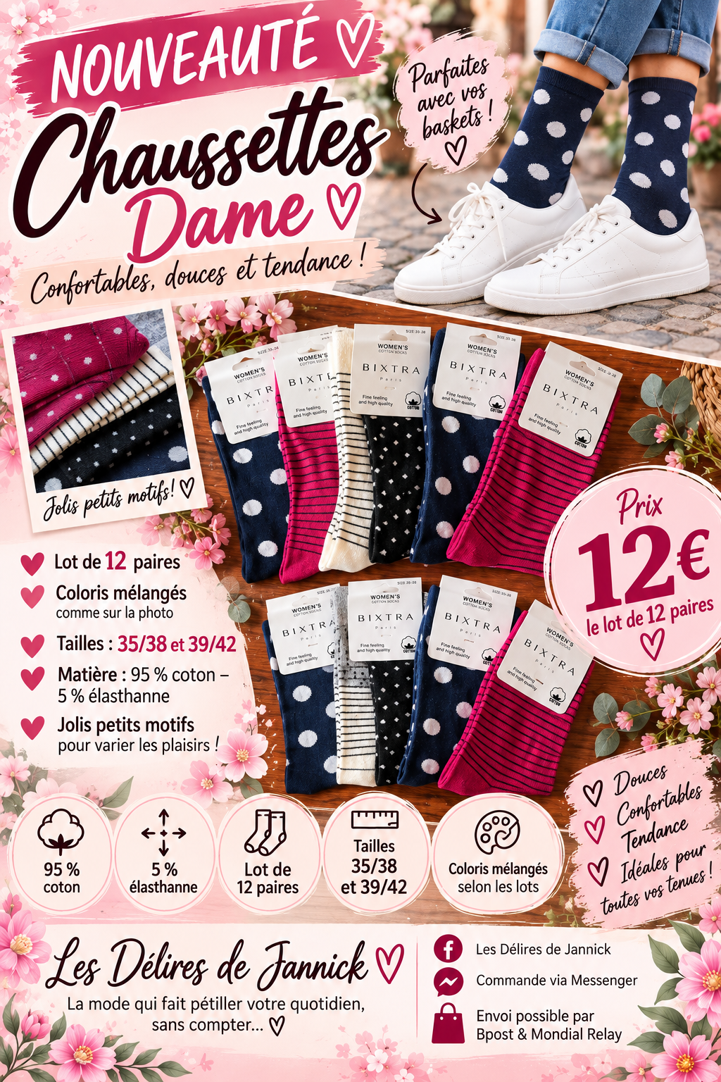 🌸 Lot de 12 paires de chaussettes dame – Coton – Motifs assortis