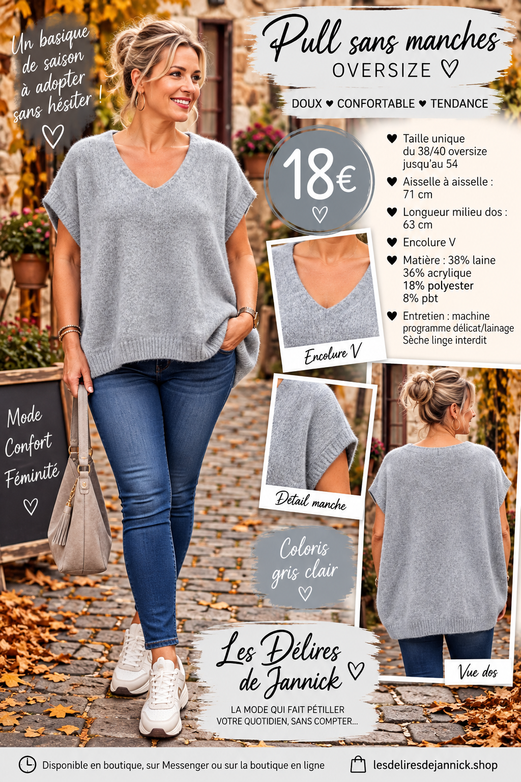 128 🌸 NOUVEAUTÉ – PULL SANS MANCHES OVERSIZE 🌸Coloris GRIS