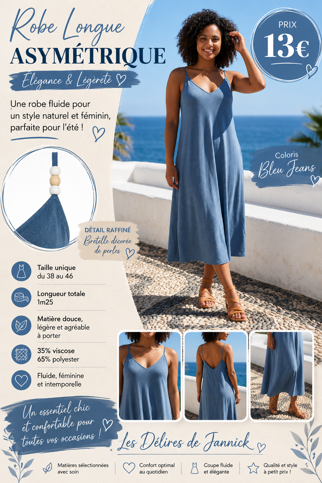 🌼 Robe longue asymétrique – Coloris Bleu Jeans