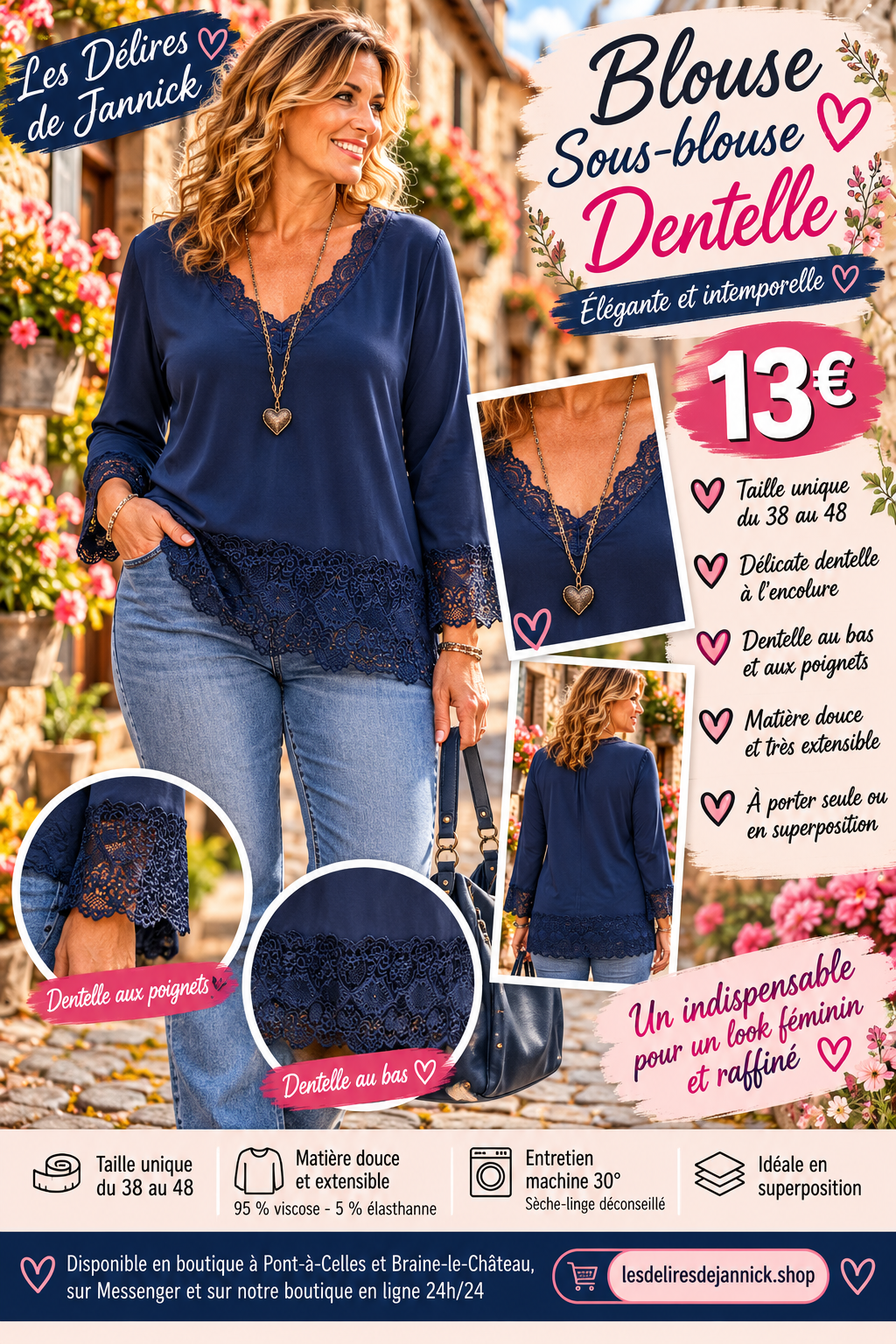 213 🌸 Blouse / Sous-blouse en dentelle 🌸Coloris MARINE