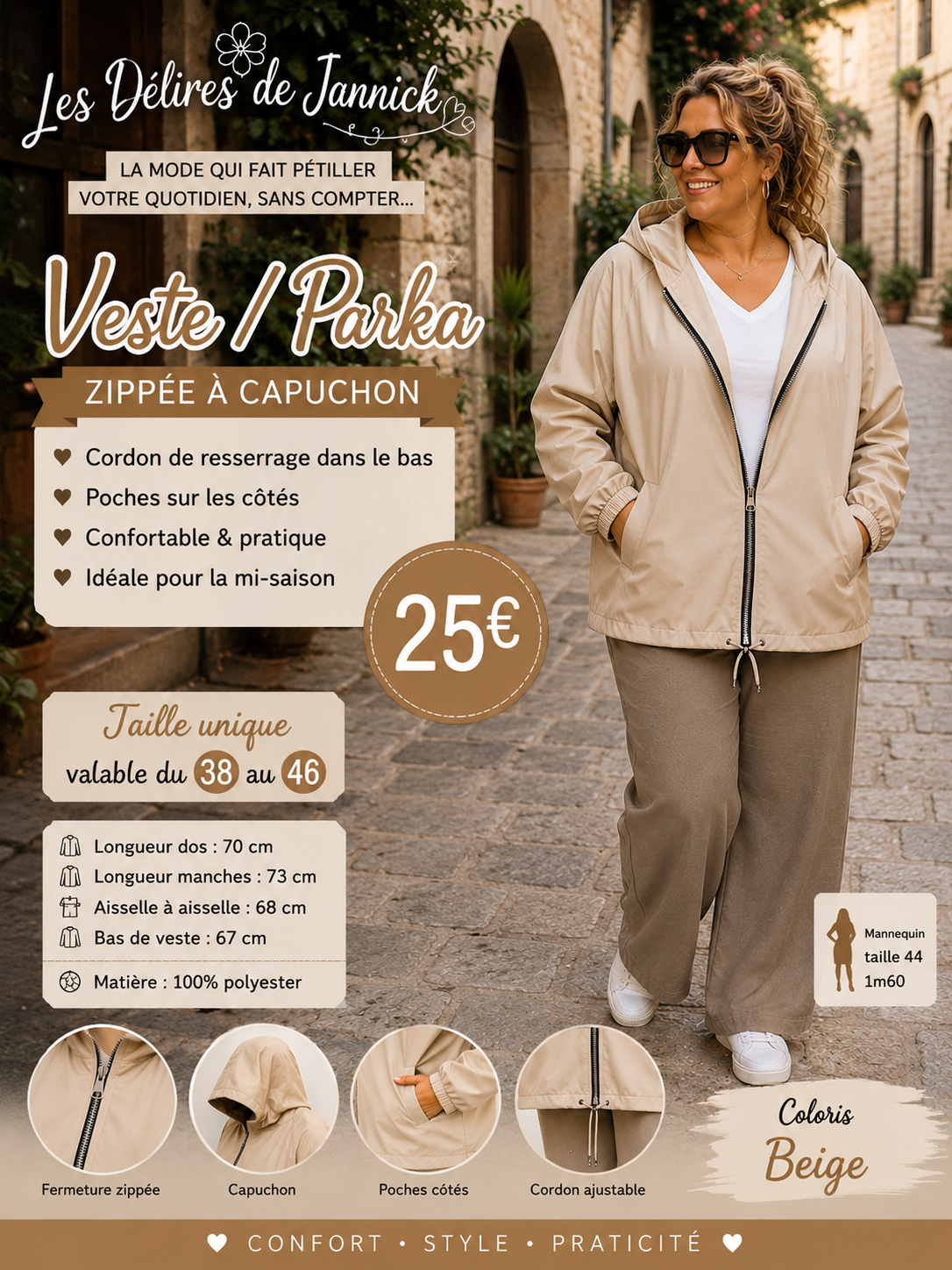 *55 ✨ VESTE / PARKA ZIPPÉE À CAPUCHON – BEIGE ✨