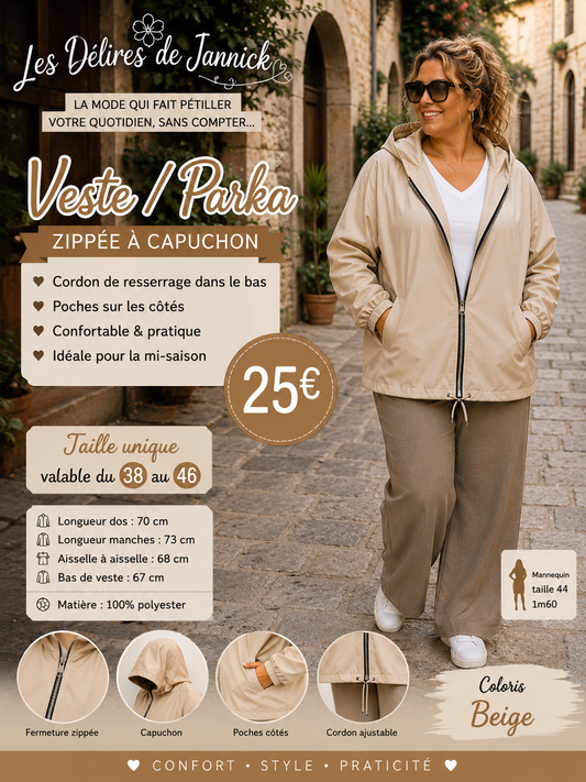 *55 ✨ VESTE / PARKA ZIPPÉE À CAPUCHON – BEIGE ✨