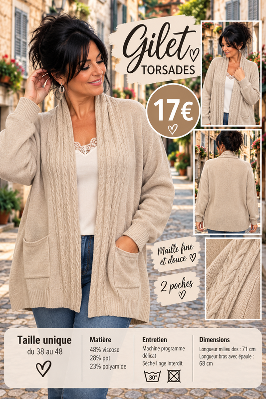 217 Gilet long en maille fine avec col torsadé et poches – Taille unique Coloris BEIGE