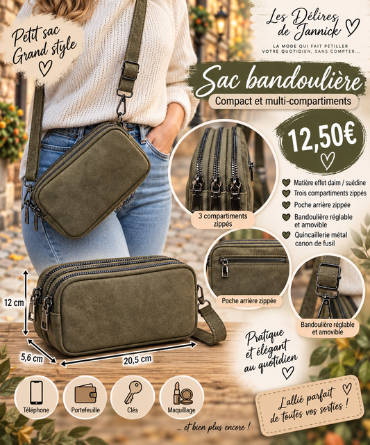 👜 Sac bandoulière compact – effet daim / suédine coloris KAKI