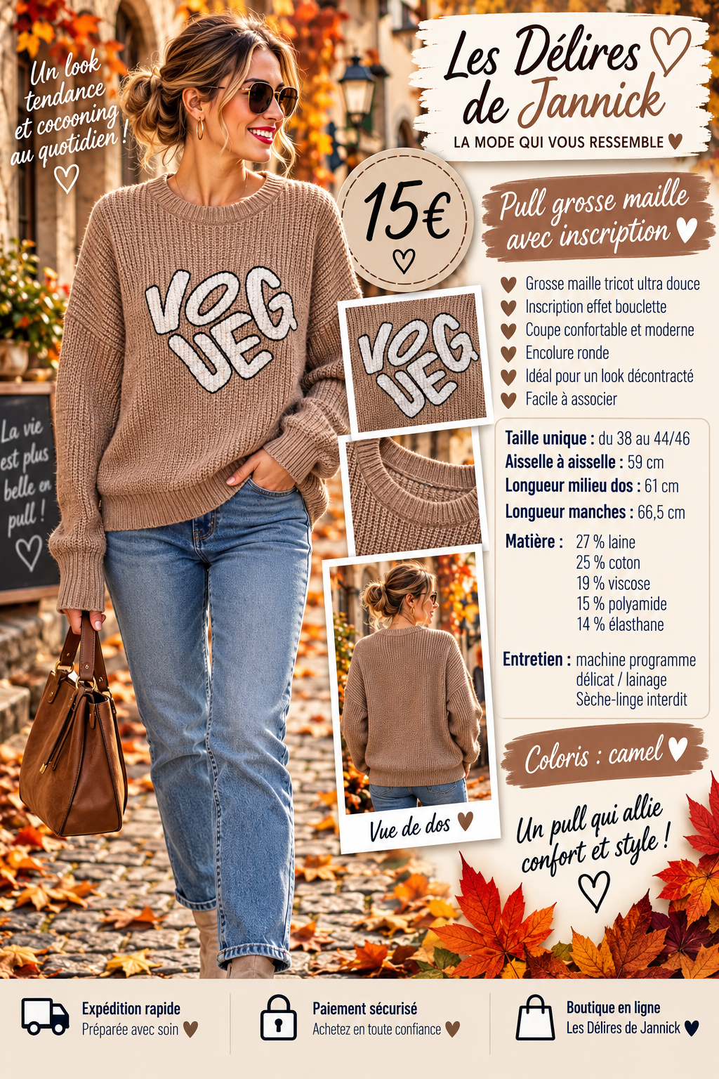 147 🍂🤎 NOUVEAUTÉ – LE PULL GROSSE MAILLE QU’ON ADORE ! 🤎🍂Coloris CAMEL