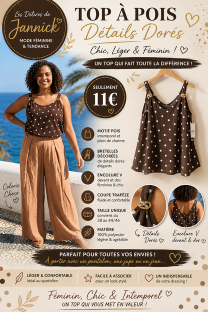 *8 ✨ Top à pois choco  avec détails dorés – L'élégance au quotidien ✨