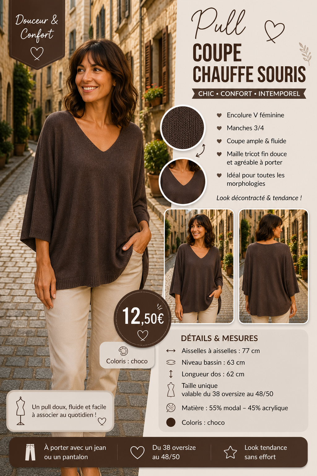 *59 💚 Pull coupe chauve-souris – Coloris choco