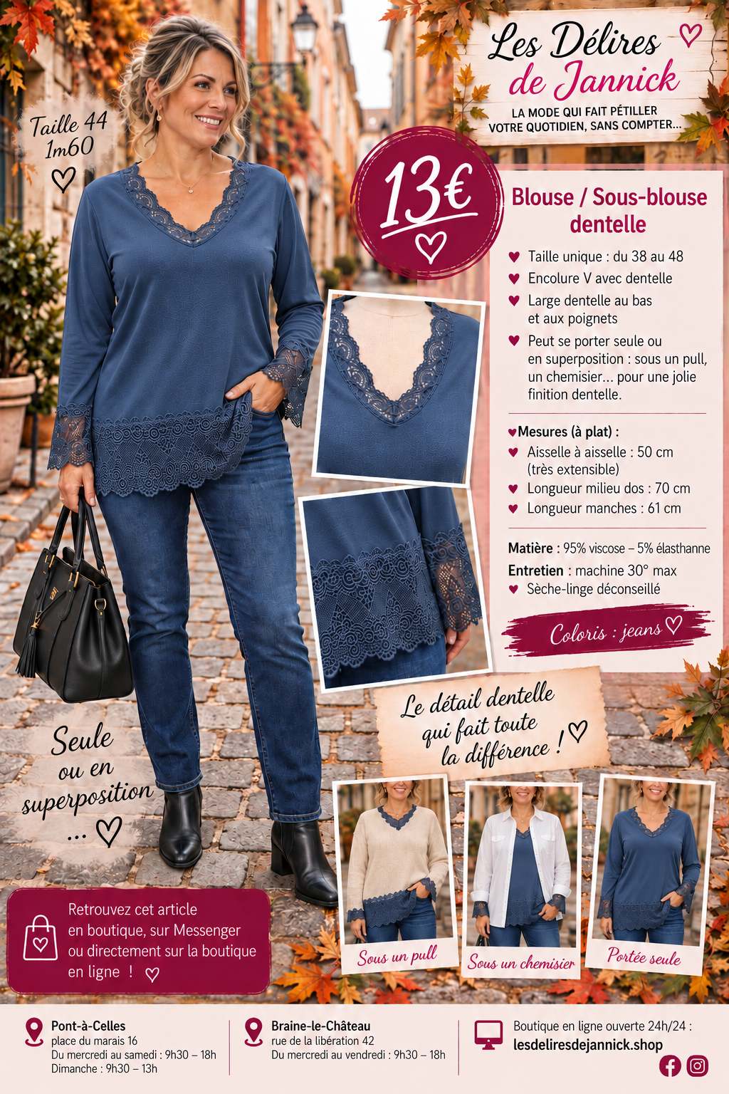 157 BLOUSE / SOUS-BLOUSE DENTELLE – L’ÉLÉGANCE JUSQU’AU MOINDRE DÉTAIL 🤍Coloris BLEUJEANS
