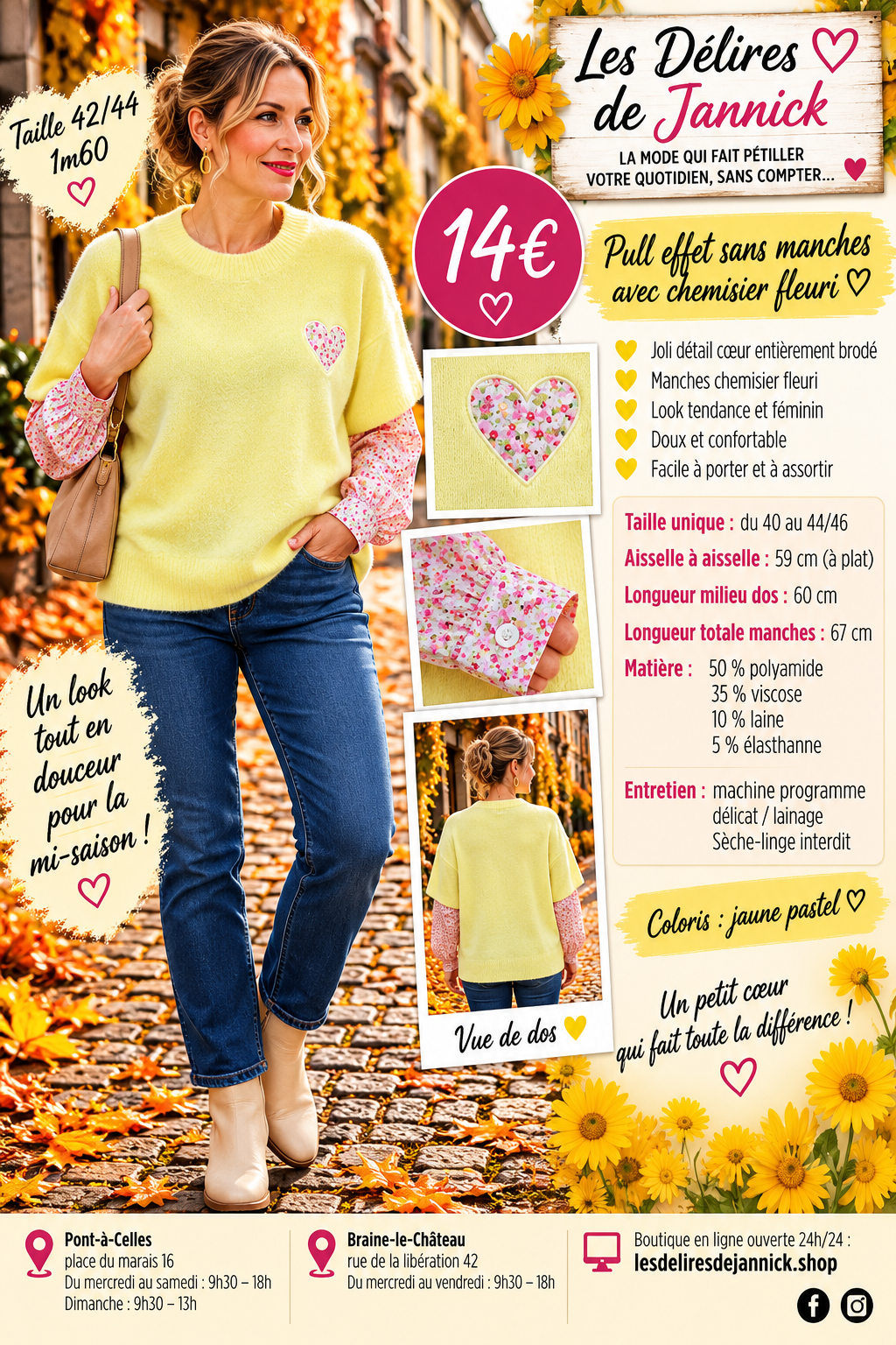 139 🌸 PULL EFFET SUPERPOSÉ AVEC MANCHES CHEMISIER FLEURI 🌸 Coloris JAUNE