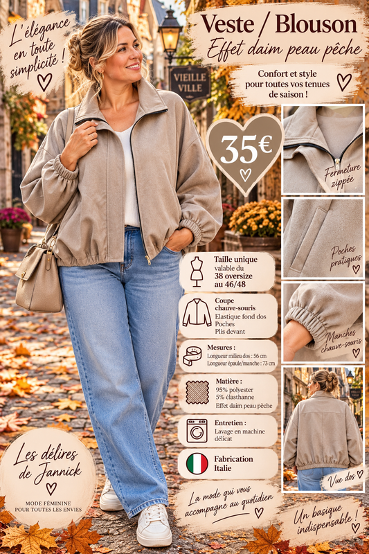 *89 🤎 VESTE / BLOUSON EFFET DAIM « PEAU DE PÊCHE » Coloris BEIGE 🤎