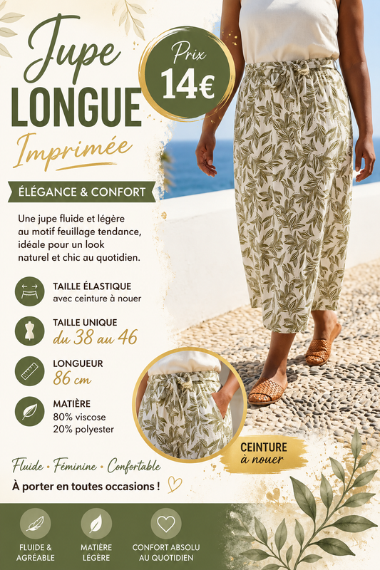 🌿 Jupe longue imprimée feuillage