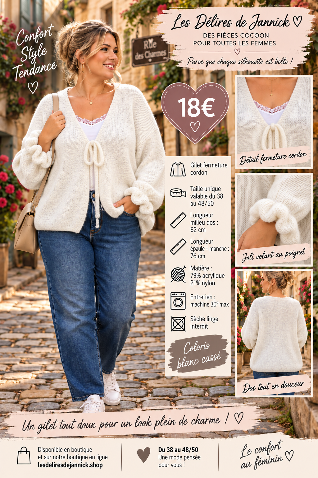 180 🌸 Gilet fermeture cordon – Douceur & féminité 🌸Coloris BLANC CASSER