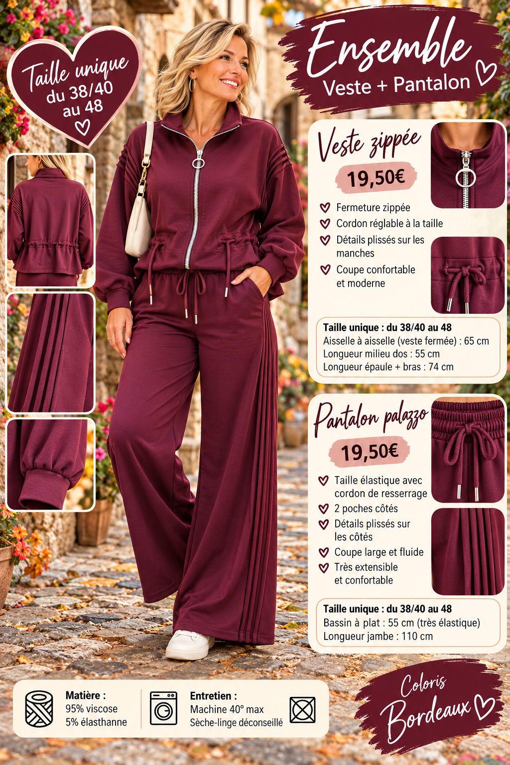 159 Veste zippée avec cordon réglable Coloris BORDEAU