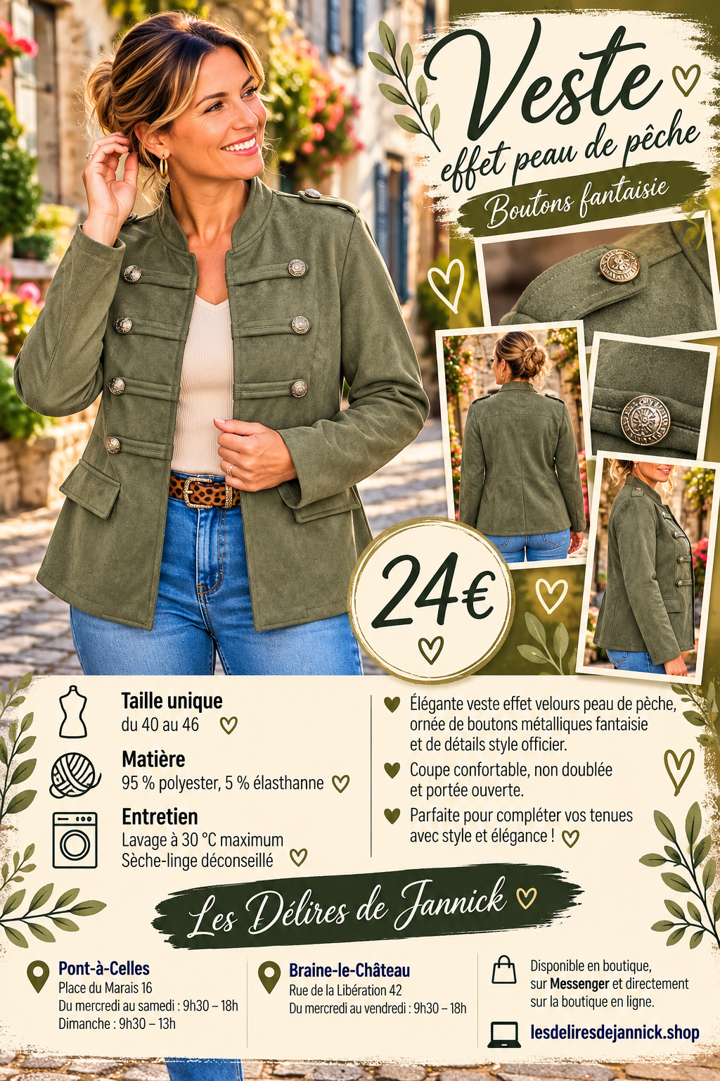163 🤍 Veste effet peau de pêche – Boutons fantaisie Coloris KAKI