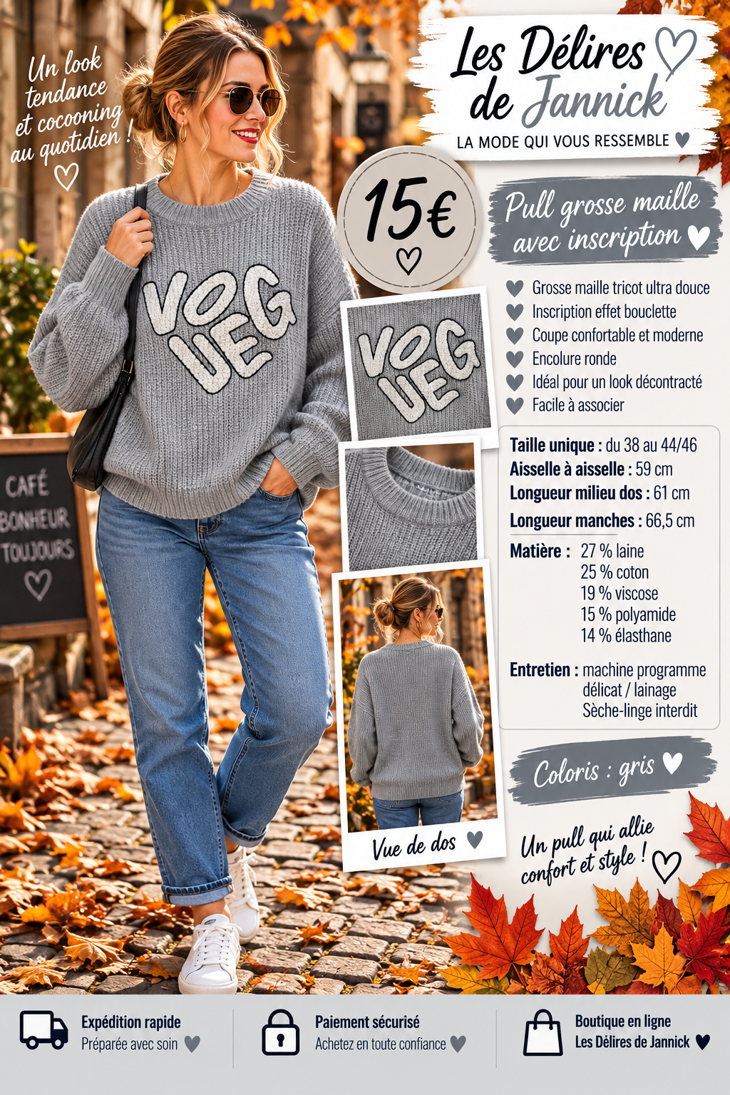 147 🍂🤎 NOUVEAUTÉ – LE PULL GROSSE MAILLE QU’ON ADORE ! 🤎🍂Coloris GRIS