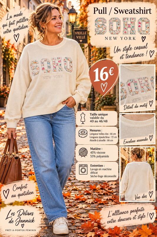 *94 🌸 PULL / SWEATSHIRT SOHO – NEW YORK BLANC CASSER  🌸