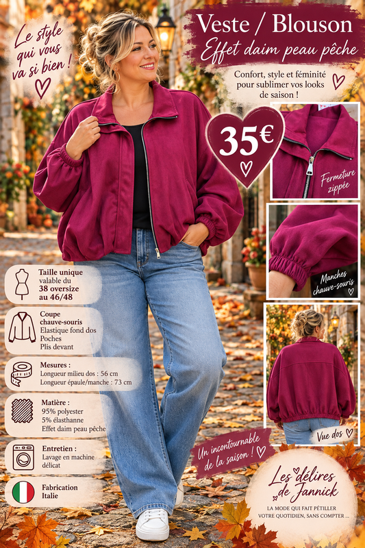 *89 🤎 VESTE / BLOUSON EFFET DAIM « PEAU DE PÊCHE » Coloris BORDEAU 🤎