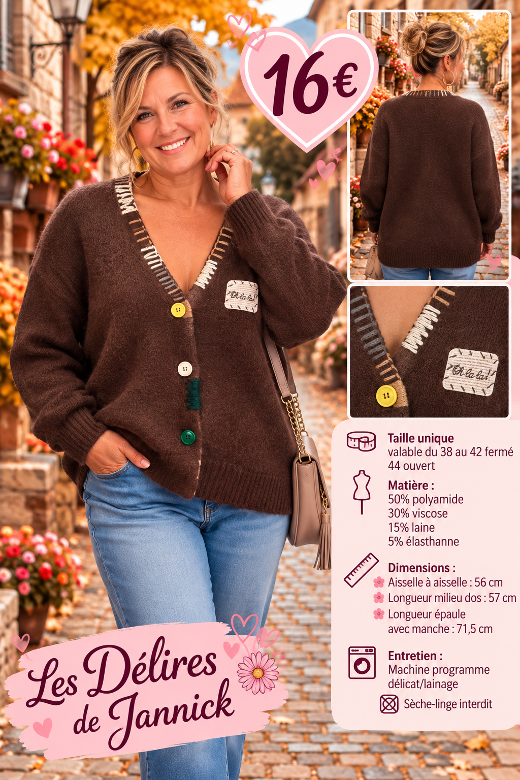 174 🌸 GILET BOUTONNÉ – DÉTAILS FANTAISIE 🌸Coloris CHOCO