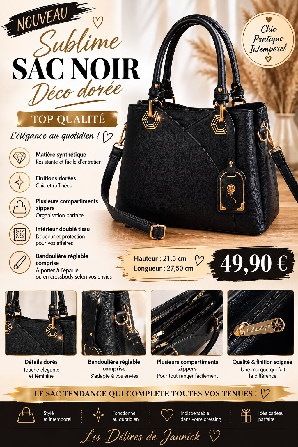🖤✨ SUBLIME SAC NOIR – FINITIONS DORÉES ✨🖤