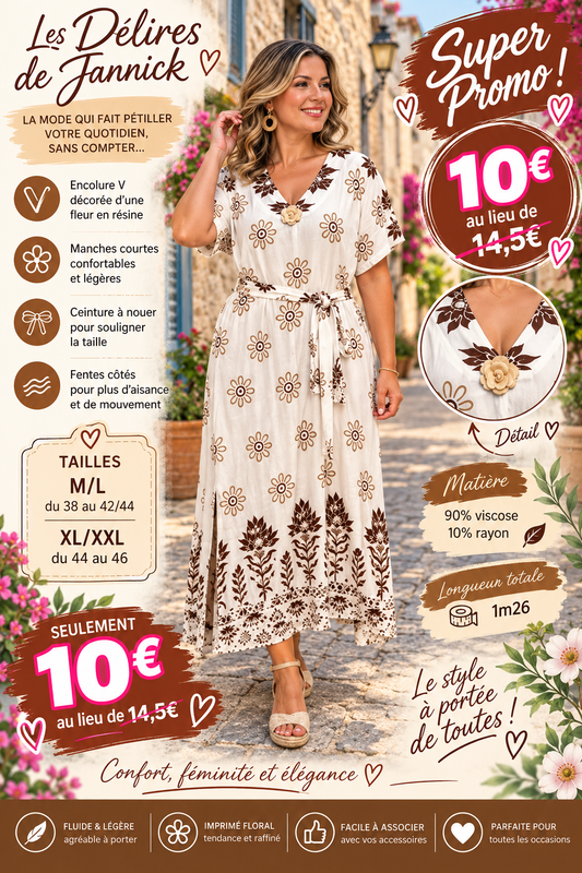 *37 ✨ Robe beige/choco longue imprimée – Élégante & féminine ✨