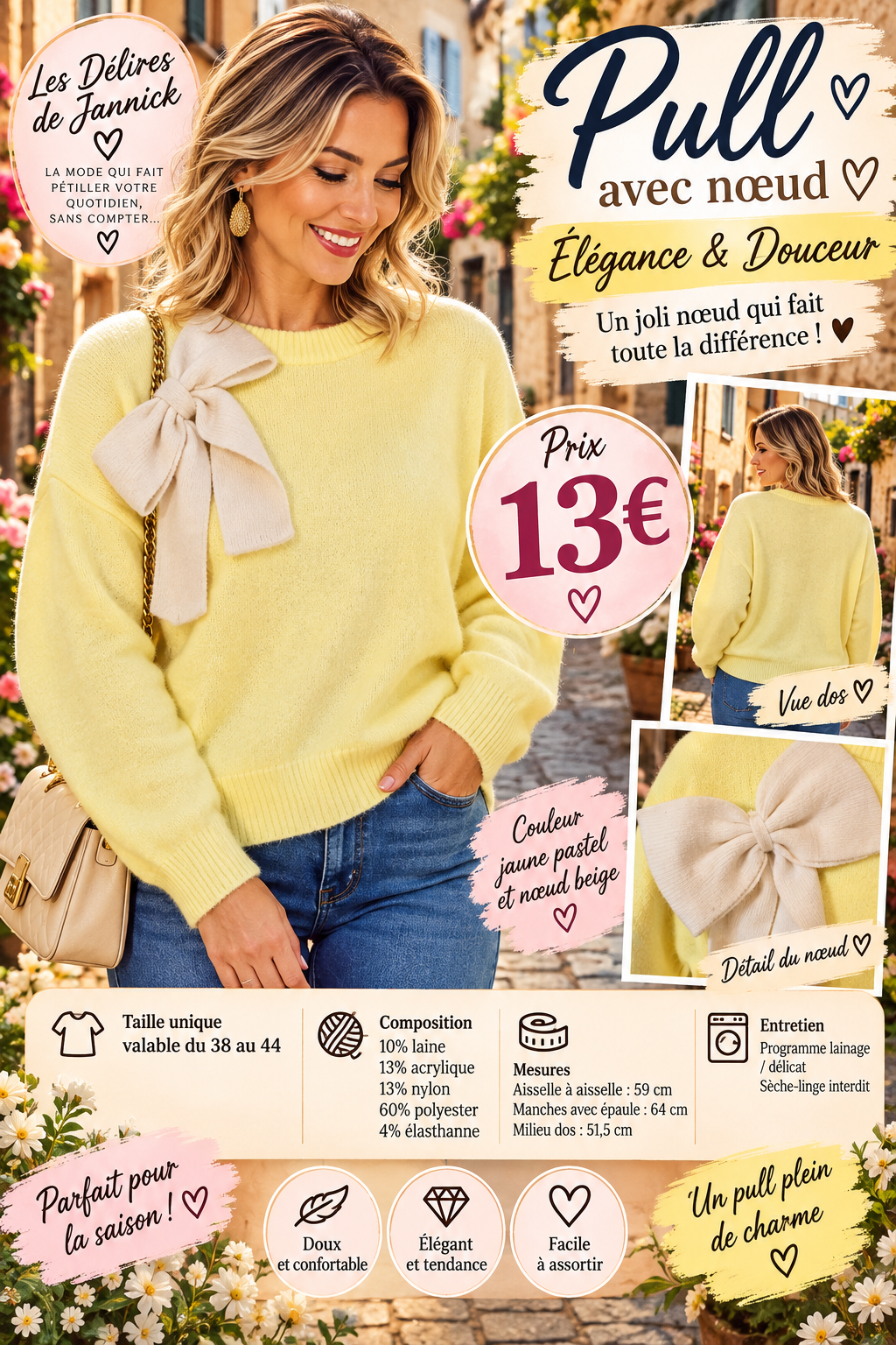 140 💛 NOUVEAUTÉ – PULL EN MAILLE AVEC GRAND NŒUD BEIGE 💛Coloris JAUNE