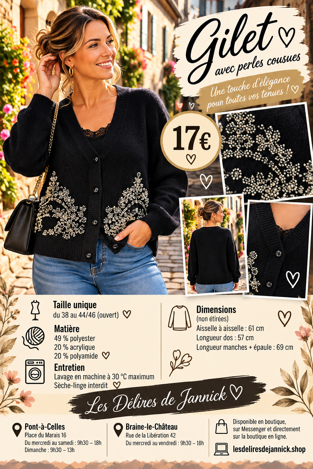141 🌸 Gilet boutonné à perles – Élégance & douceur 🌸Coloris NOIR