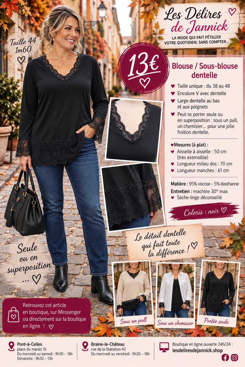 130 BLOUSE / SOUS-BLOUSE DENTELLE – L’ÉLÉGANCE JUSQU’AU MOINDRE DÉTAIL 🤍Coloris NOIR