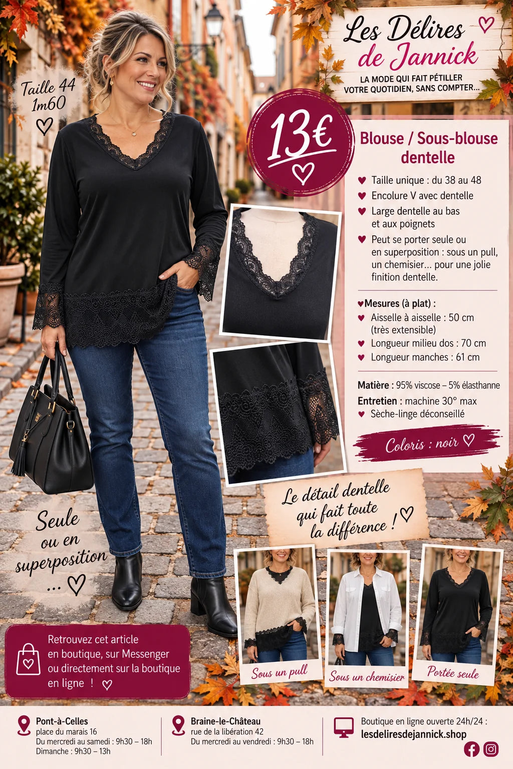 157 BLOUSE / SOUS-BLOUSE DENTELLE – L’ÉLÉGANCE JUSQU’AU MOINDRE DÉTAIL 🤍Coloris NOIR