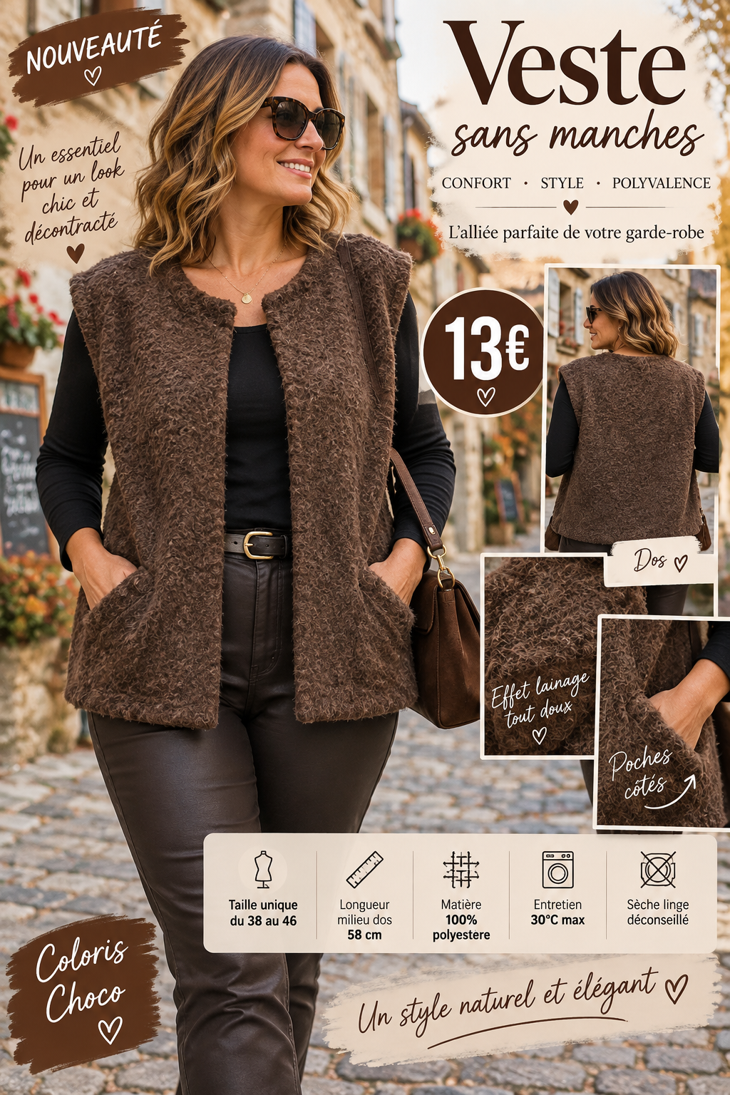 137 🤎 NOUVEAUTÉ – VESTE SANS MANCHES EFFET LAINAGE 🤎Coloris CHOCO