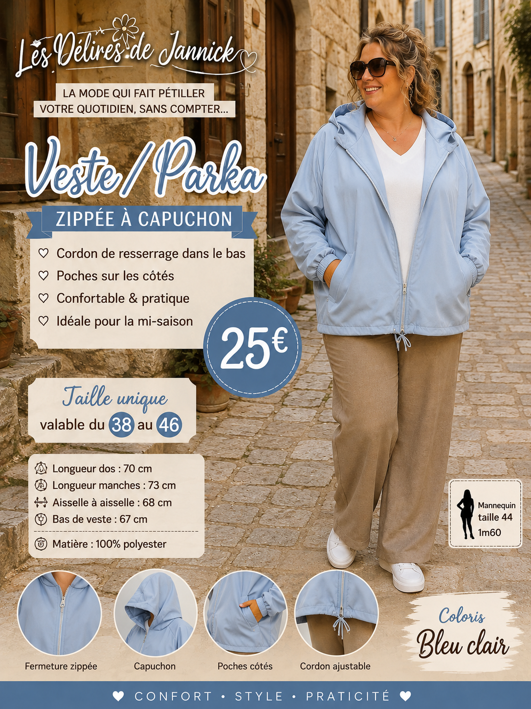 *60 ✨VESTE / PARKA ZIPPÉE À CAPUCHON – BLEU clair✨