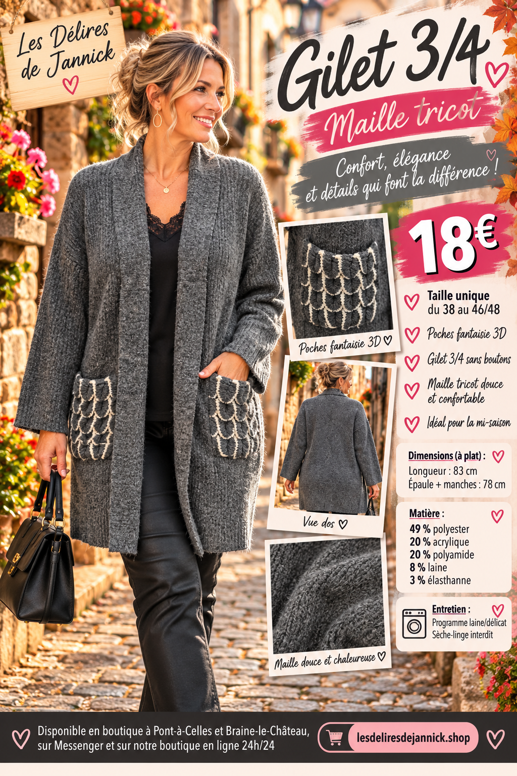 215 🌸 Gilet long 3/4 en maille tricot – Poches fantaisie 3D 🌸Coloris GRIS
