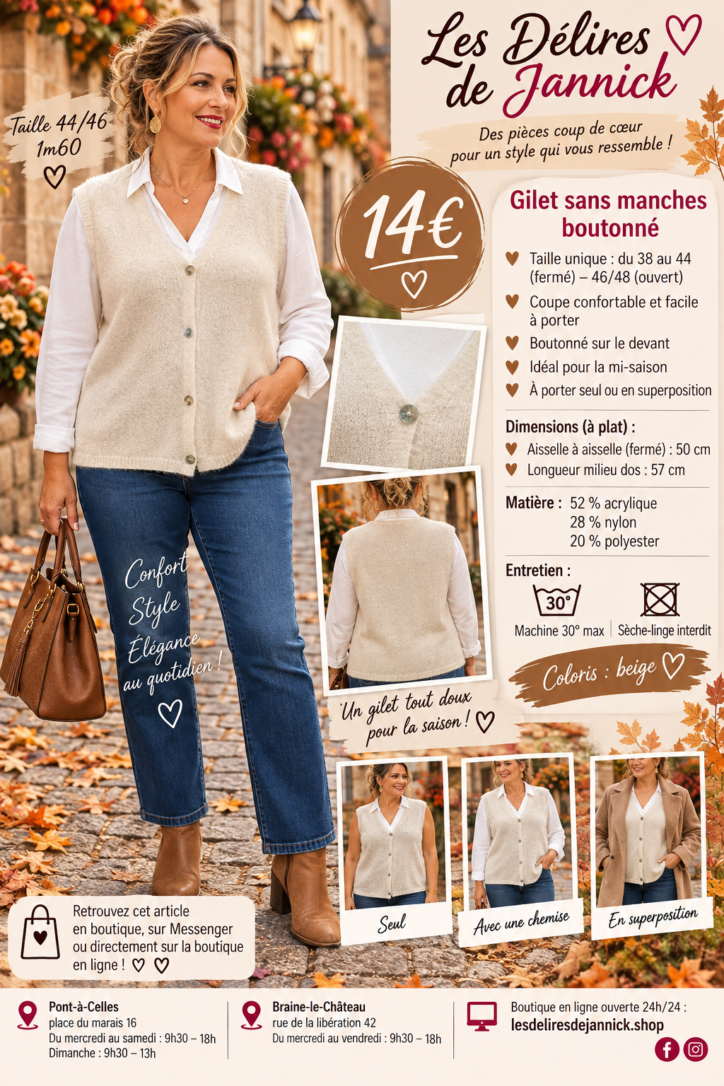 131 GILET SANS MANCHES BOUTONNÉ – LE PETIT INDISPENSABLE À SUPERPOSER 🤎Coloris BEIGE