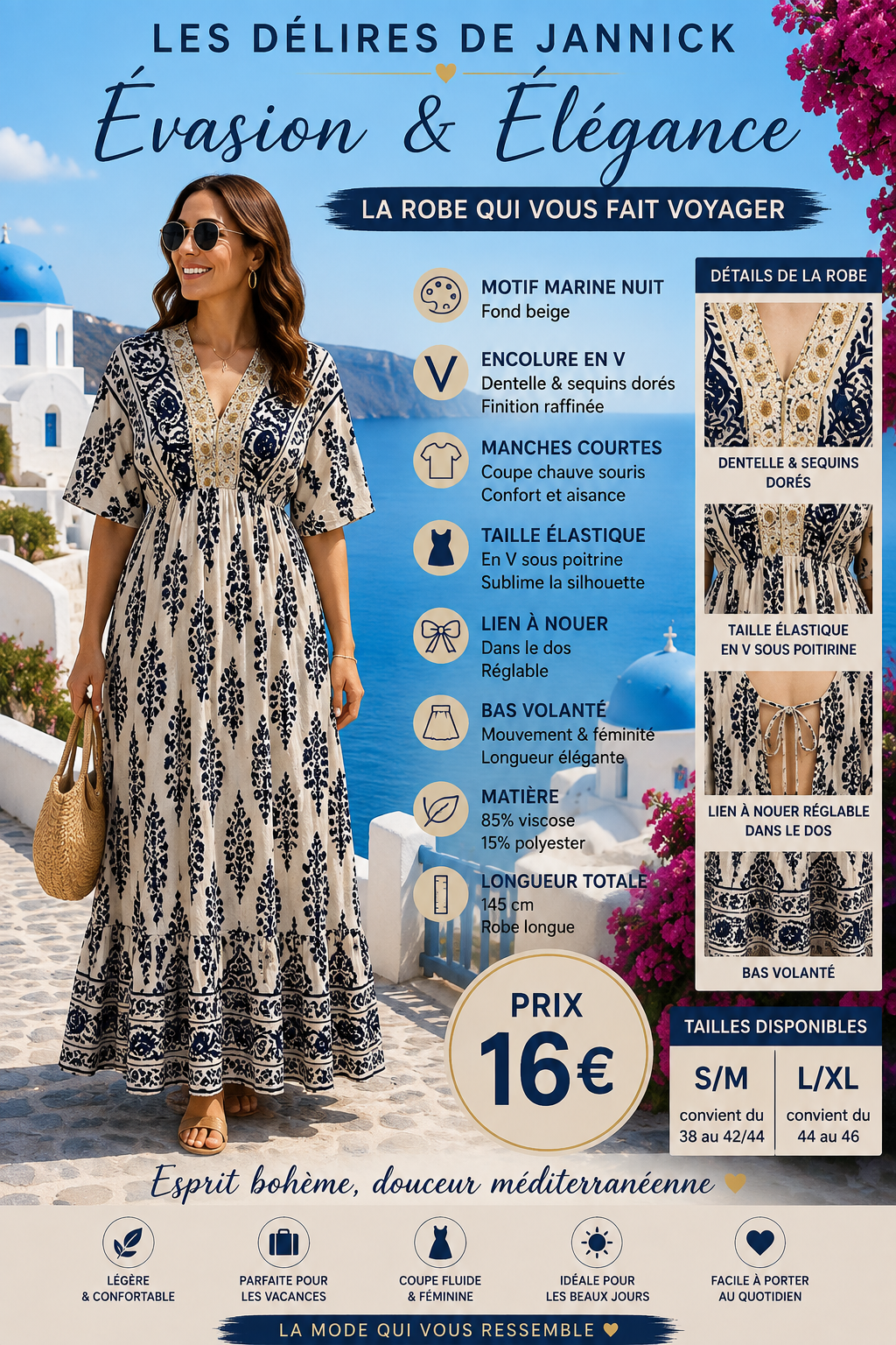 *36 ✨ Robe longue bohème – Fond beige & motif marine nuit ✨