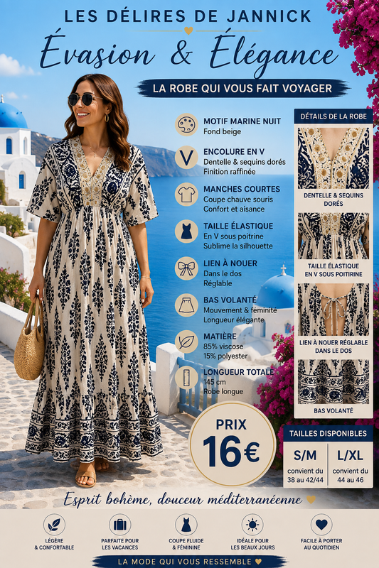 *36 ✨ Robe longue bohème – Fond beige & motif marine nuit ✨