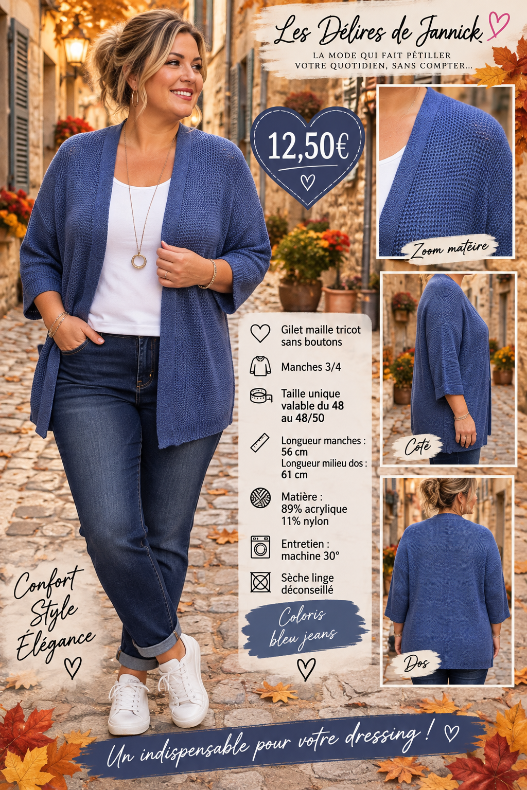 134  🌸 NOUVEAUTÉ – GILET MAILLE TRICOT 🌸Coloris BLEU JEANS