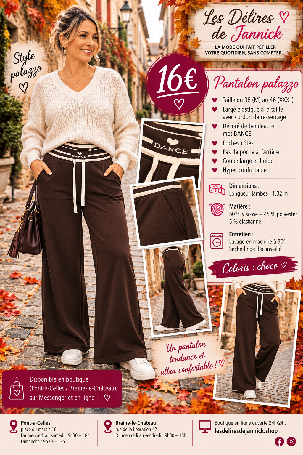 191 🌸 Pantalon Palazzo – Confort & Style 🌸Coloris fond CHOCO