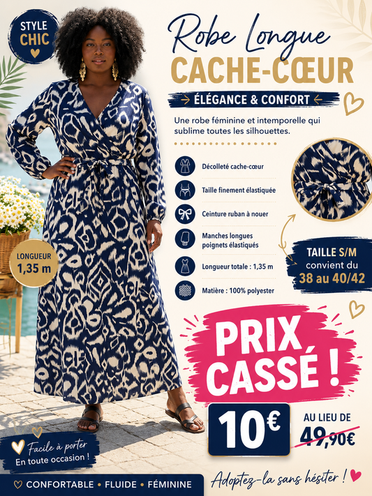 🌸 Robe Longue Cache-Cœur – Élégance à Prix Exceptionnel 🌸