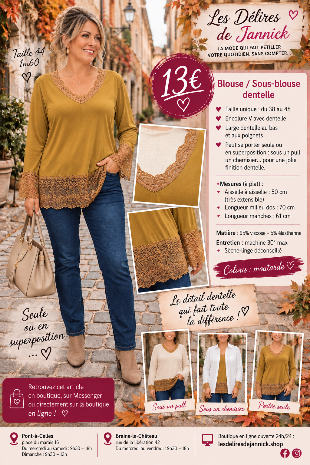 178 🌸 Blouse / Sous-blouse dentelle 🌸Coloris MOUTARDE