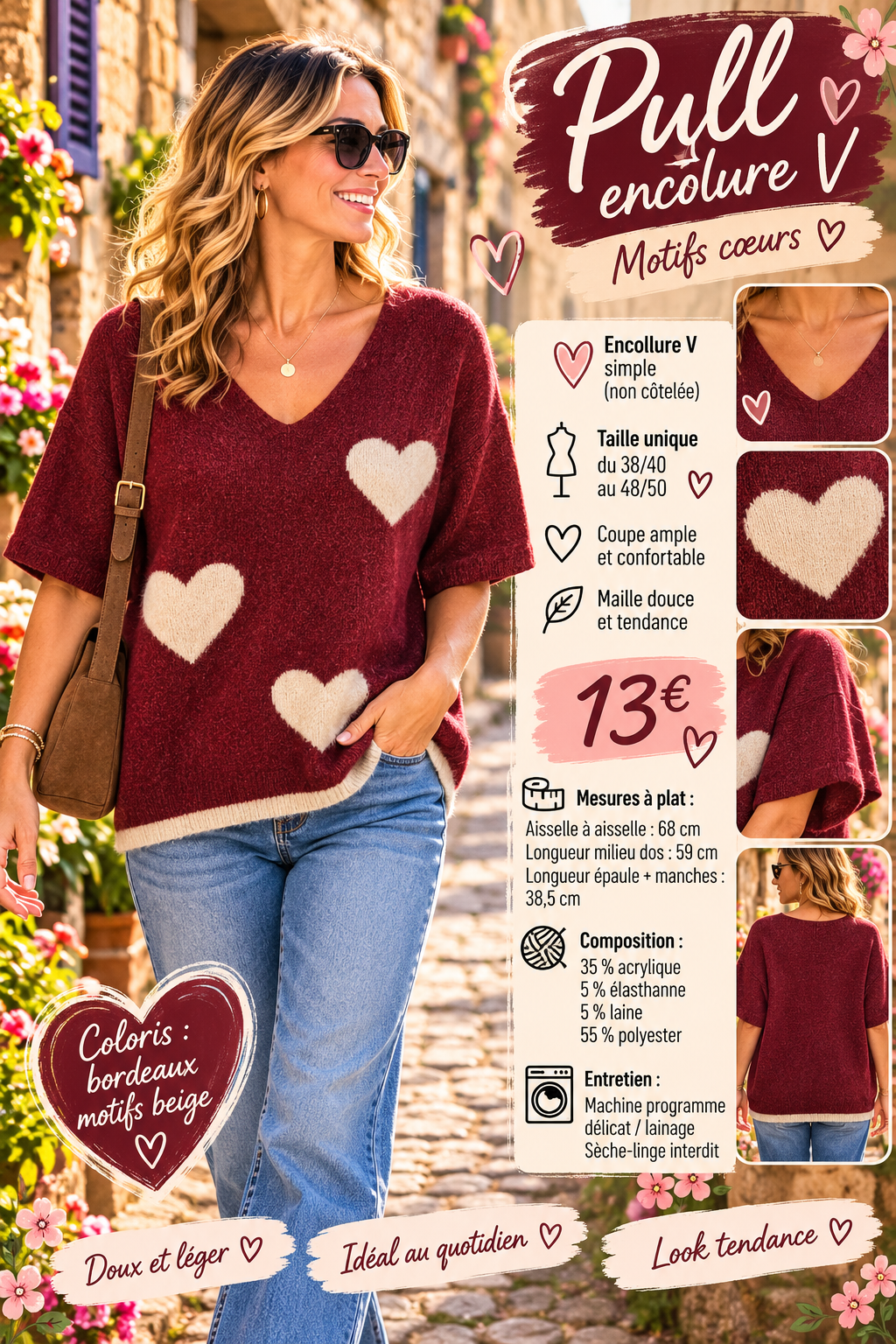 164 🌸 PULL OVERSIZE À CŒURS – DOUCEUR & FÉMINITÉ 🌸🤎 Coloris : bordeau, motifs et bordure beige