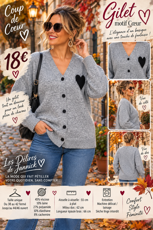 *99 🖤 GILET MOTIF CŒUR 🖤 coloris GRIS Clair