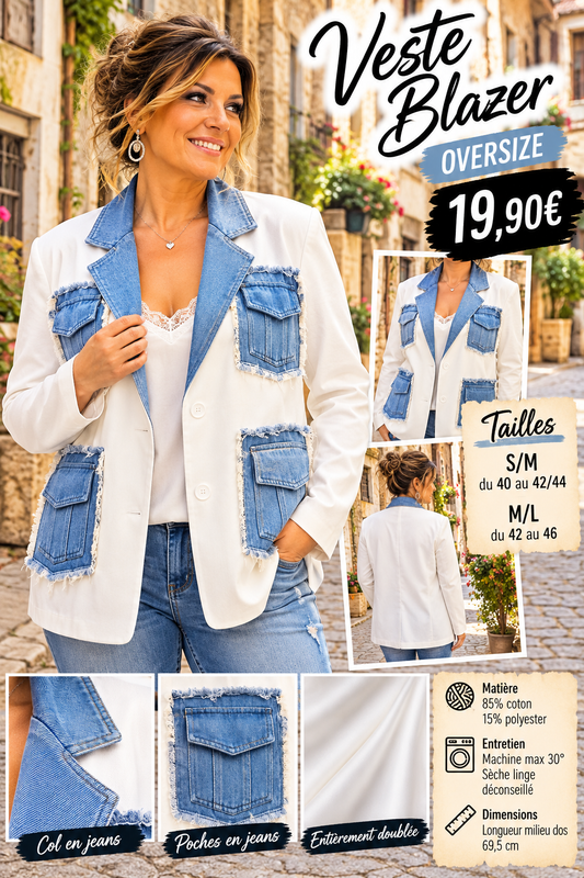 226 Veste Blazer Oversize – Col et poches en jeans Coloris BLANC