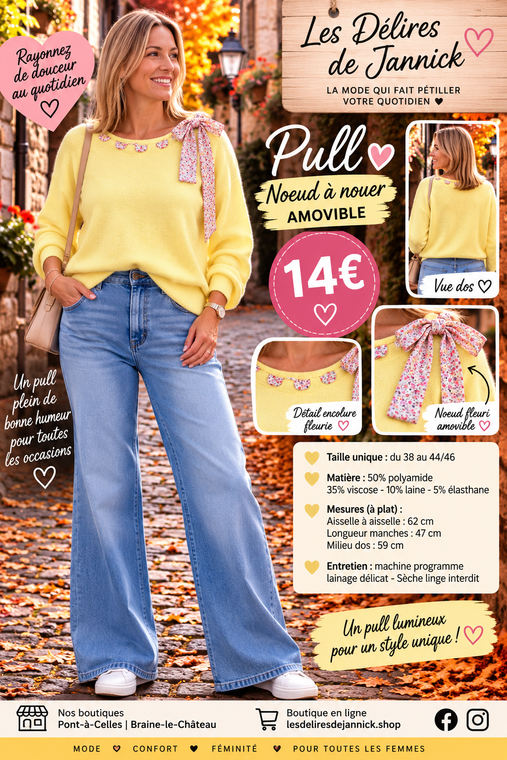 *115 🌸 PULL DOUX & FÉMININ – LE DÉTAIL FLEURI QUI FAIT CRAQUER ! 🌸Coloris JAUNE