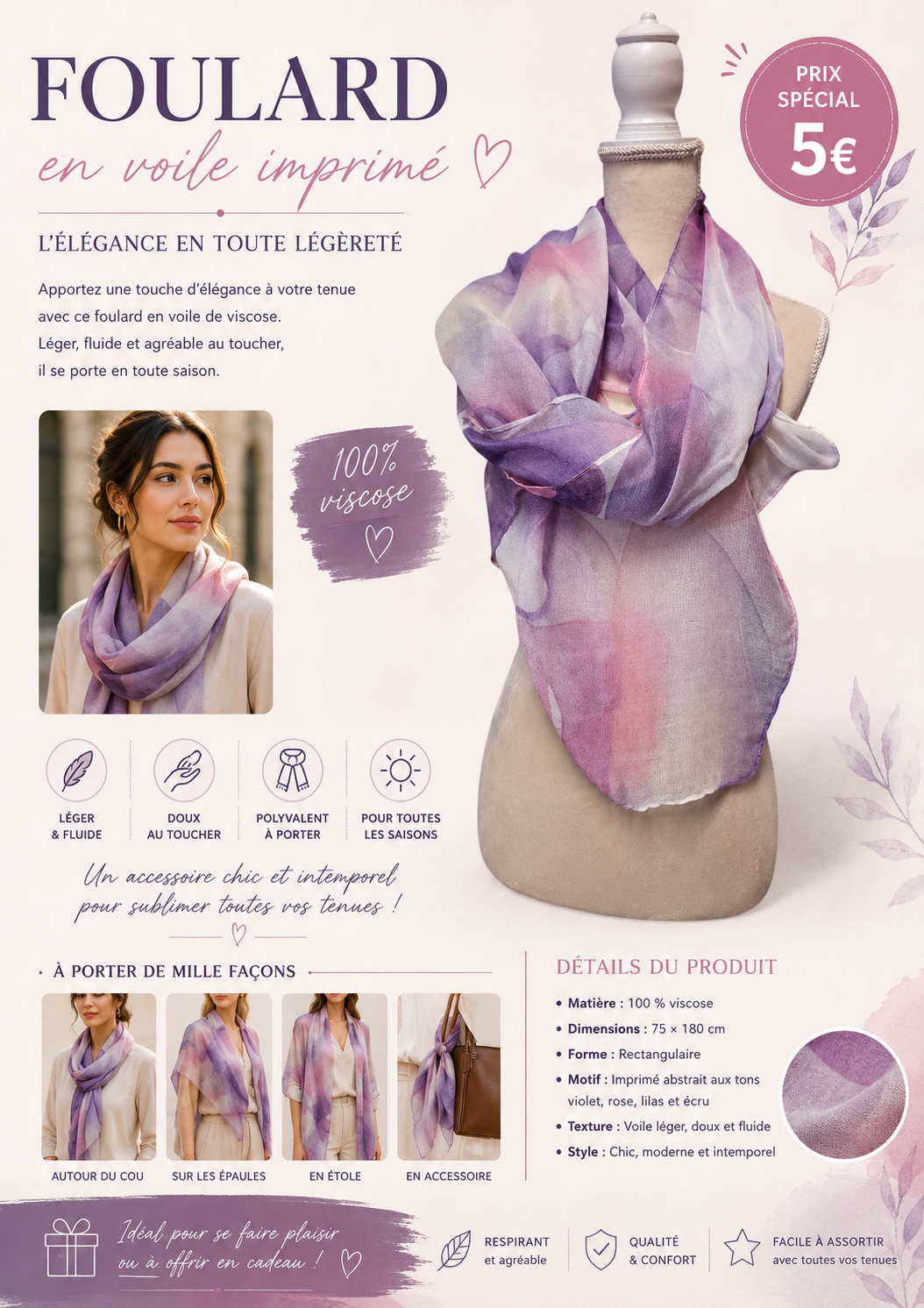 Foulard en voile imprimé – 100 % viscose
