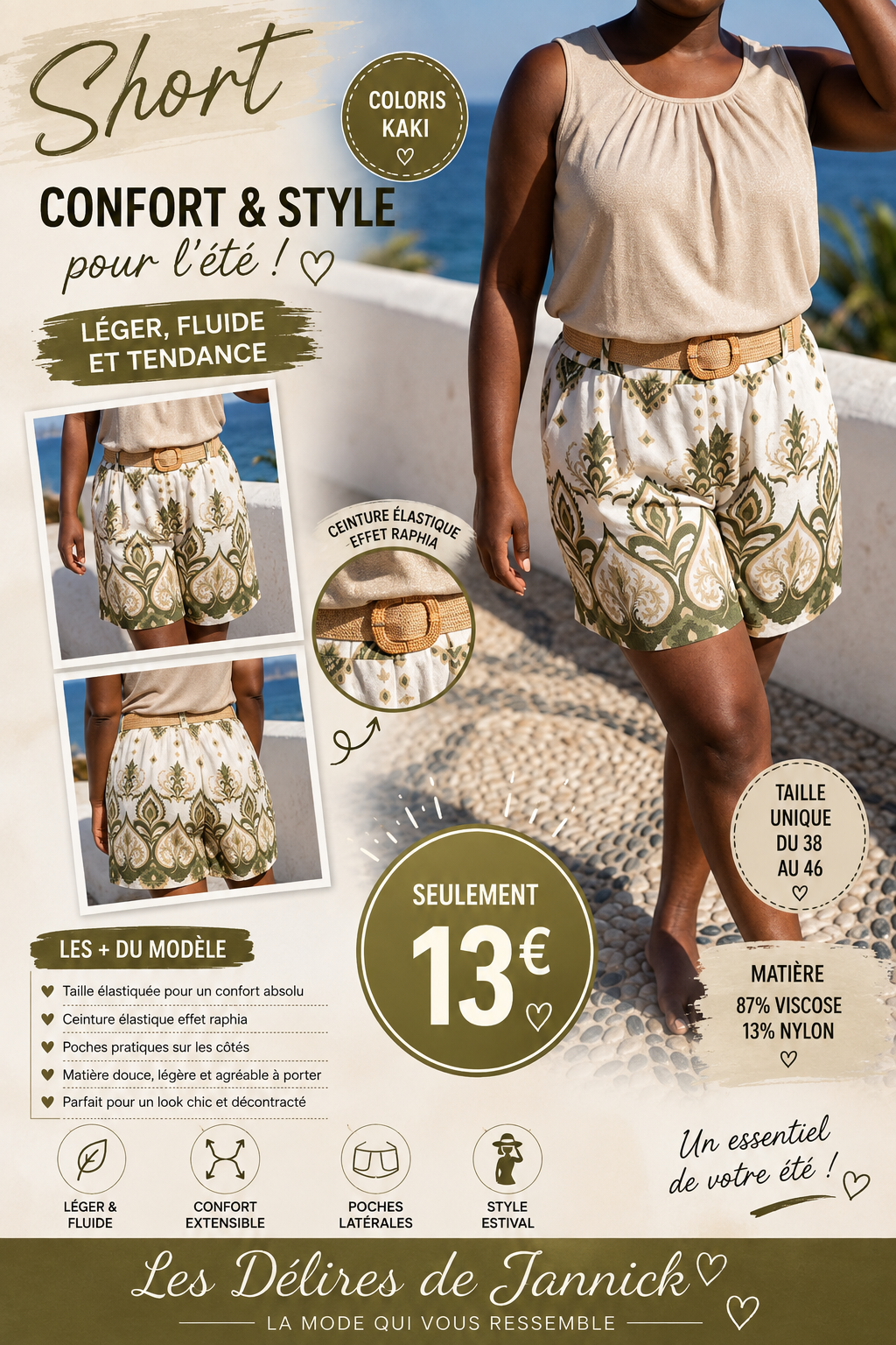 *19 ✨ Short imprimé – Coloris kaki