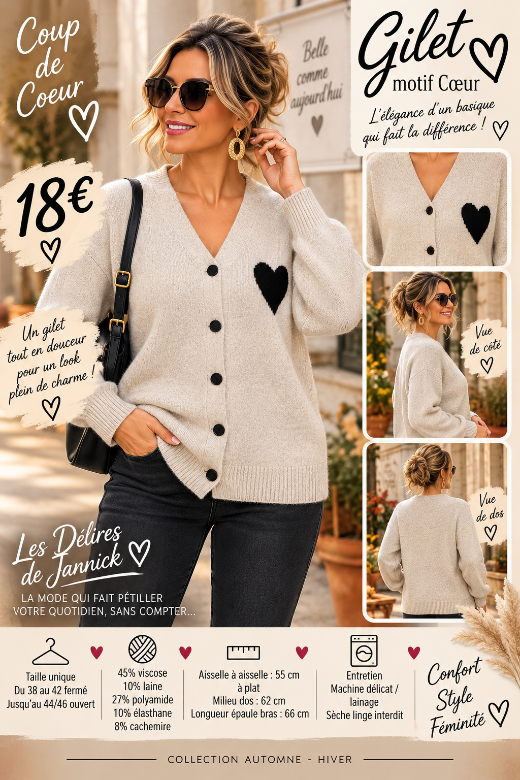 *99 🖤GILET MOTIF CŒUR 🖤Coloris BEIGE