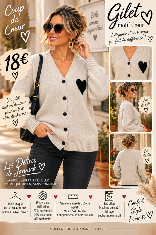 *99 🖤GILET MOTIF CŒUR 🖤Coloris BEIGE