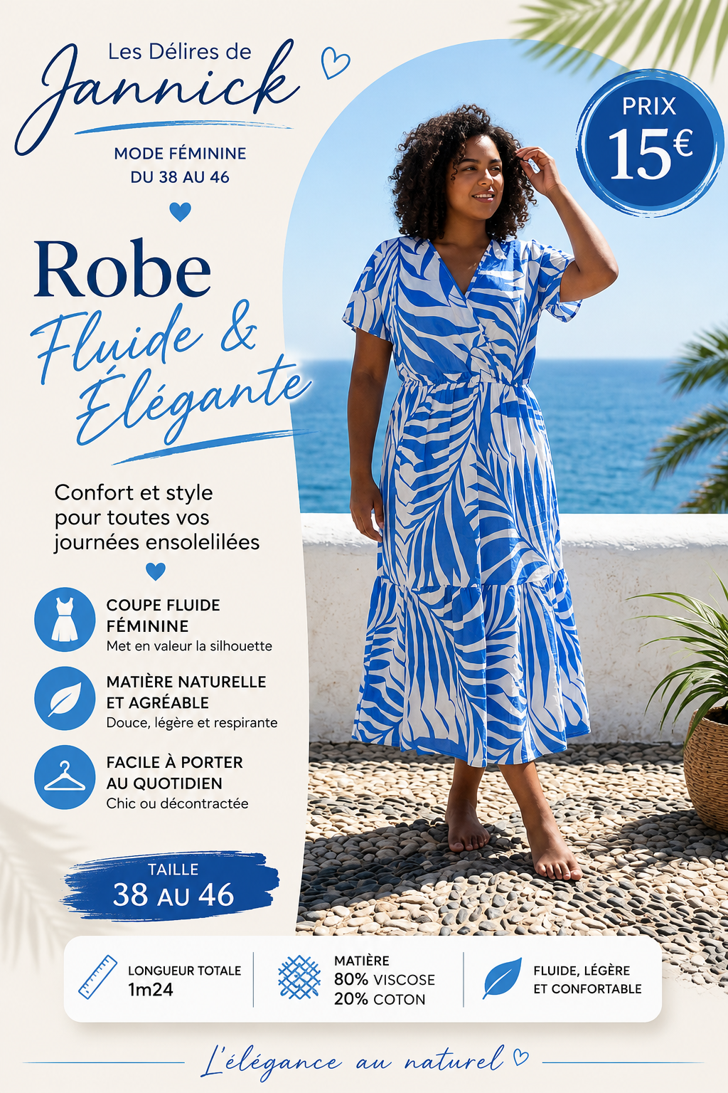 Robe longue fluide – Motif bleu& blanc 🍂