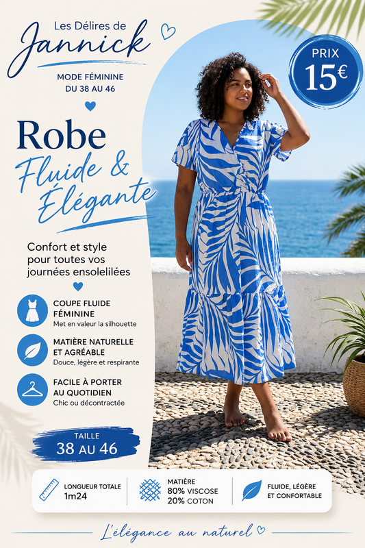 Robe longue fluide – Motif bleu& blanc 🍂